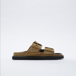 NWT. Zara Tan Suede Leather Buckled Flat Sandals. Size 9.